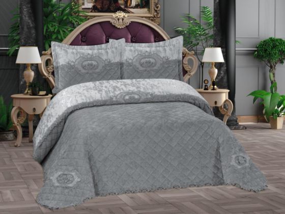 Butik Velvet Bedspread Set, Coverlet 270x265, Pillowcase 50x70, Gray