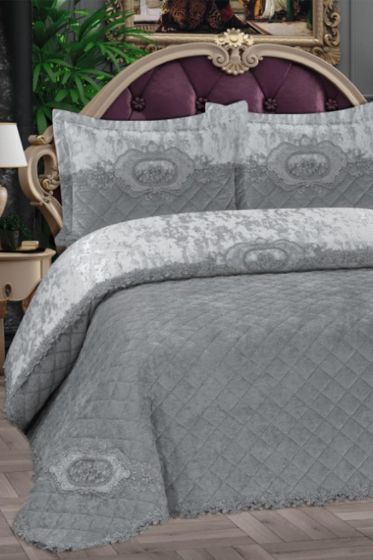 Butik Velvet Bedspread Set, Coverlet 270x265, Pillowcase 50x70, Gray