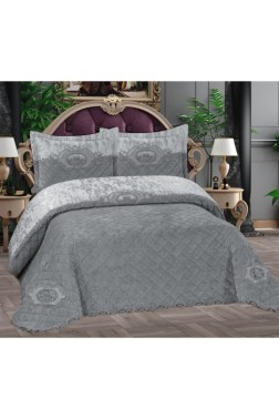 Butik Velvet Bedspread Set, Coverlet 270x265, Pillowcase 50x70, Gray - Thumbnail