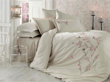 Butterfly 3D Embroidered Cotton Satin Duvet Cover Set Beige - Thumbnail