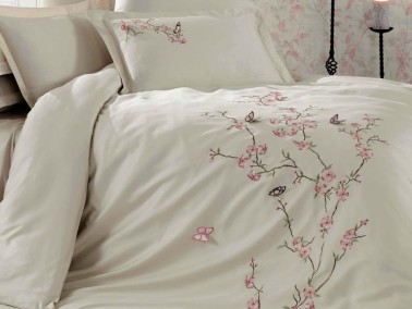 Butterfly 3D Embroidered Cotton Satin Duvet Cover Set Beige - Thumbnail
