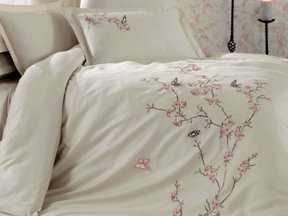 Butterfly 3D Embroidered Cotton Satin Duvet Cover Set Beige