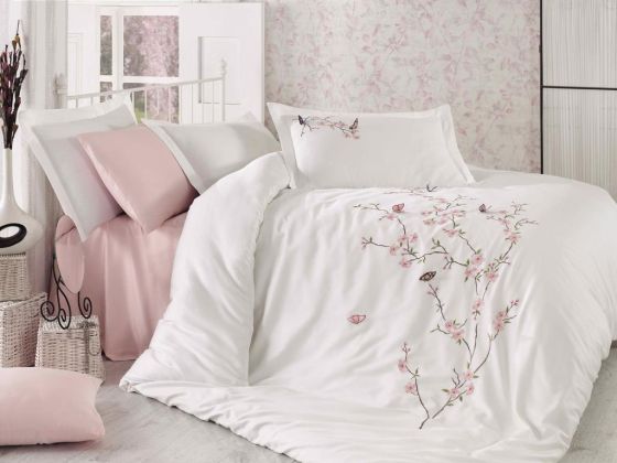 Butterfly 3d Embroidered Cotton Satin Duvet Cover Set Cream Powder