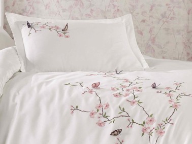 Butterfly 3d Embroidered Cotton Satin Duvet Cover Set Cream Powder - Thumbnail