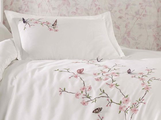 Butterfly 3d Embroidered Cotton Satin Duvet Cover Set Cream Powder