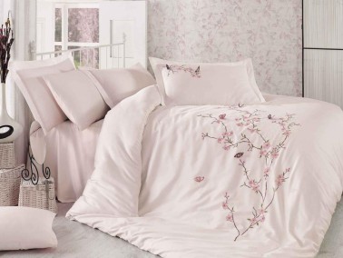 Butterfly 3d Embroidered Cotton Satin Duvet Cover Set Powder Powder - Thumbnail