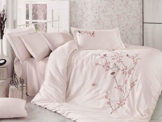Butterfly 3d Embroidered Cotton Satin Duvet Cover Set Powder Powder