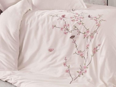 Butterfly 3d Embroidered Cotton Satin Duvet Cover Set Powder Powder - Thumbnail