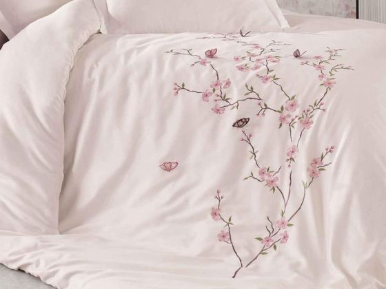 Butterfly 3d Embroidered Cotton Satin Duvet Cover Set Powder Powder