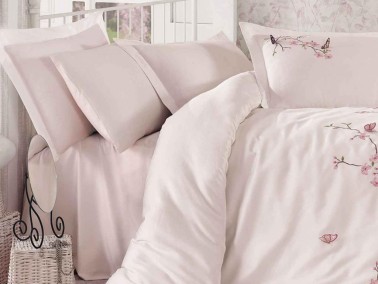 Butterfly 3d Embroidered Cotton Satin Duvet Cover Set Powder Powder - Thumbnail