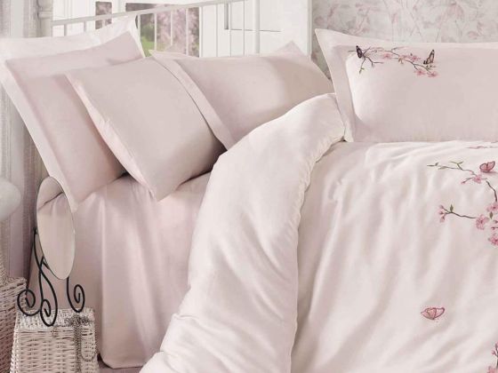 Butterfly 3d Embroidered Cotton Satin Duvet Cover Set Powder Powder