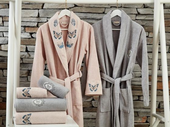 Butterfly Embroidered Cotton 6 Pcs Bathrobe Set Powder Gray