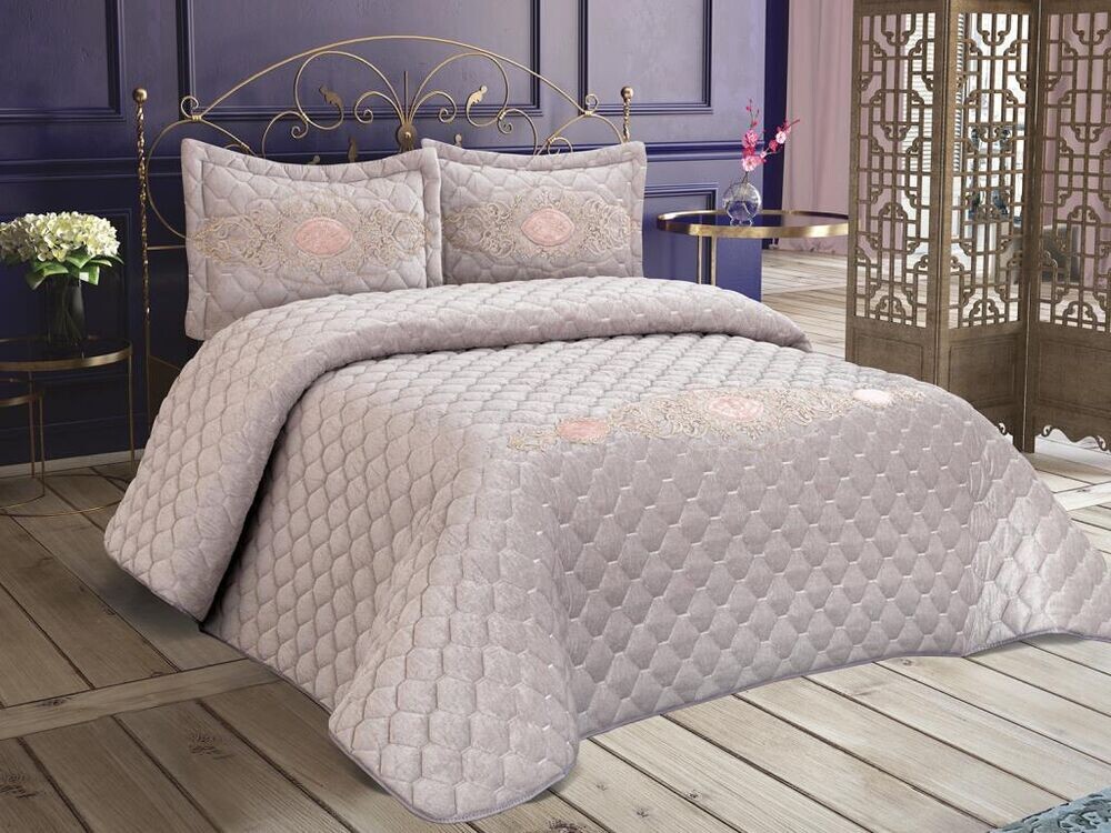 Dowry World - طقم غطاء سرير مزدوج مبطن من المخمل- رمادي California