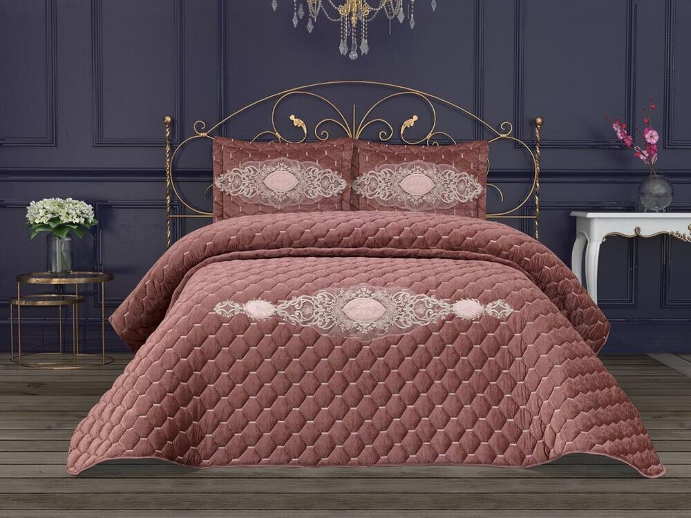 Dowry World - طقم غطاء سرير مزدوج مبطن من المخمل- وردي California