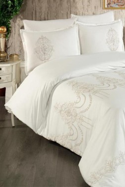Calina Embroidered 100% Cotton Duvet Cover Set, Duvet Cover 200x220, Sheet 240x260, Double Size, Full Size Beige - Thumbnail