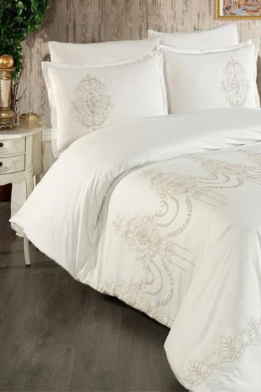 Calina Embroidered 100% Cotton Duvet Cover Set, Duvet Cover 200x220, Sheet 240x260, Double Size, Full Size Beige
