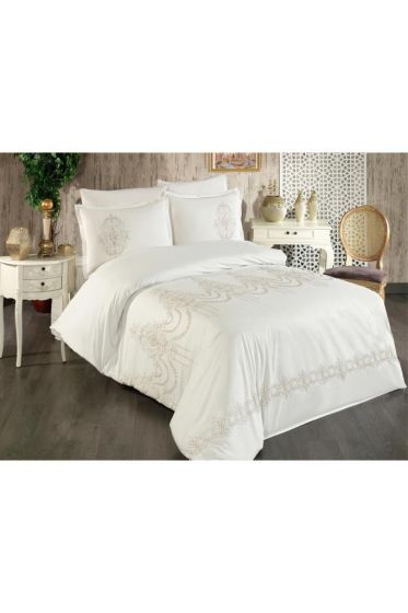 Calina Embroidered 100% Cotton Duvet Cover Set, Duvet Cover 200x220, Sheet 240x260, Double Size, Full Size Beige