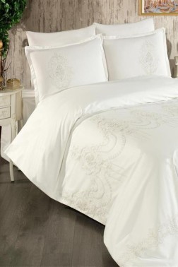 Calina Embroidered 100% Cotton Duvet Cover Set, Duvet Cover 200x220, Sheet 240x260, Double Size, Full Size Gold - Thumbnail