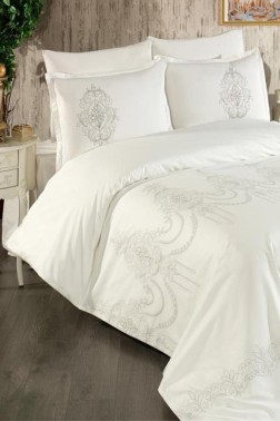 Calina Embroidered 100% Cotton Duvet Cover Set, Duvet Cover 200x220, Sheet 240x260, Double Size, Full Size Gray - Thumbnail