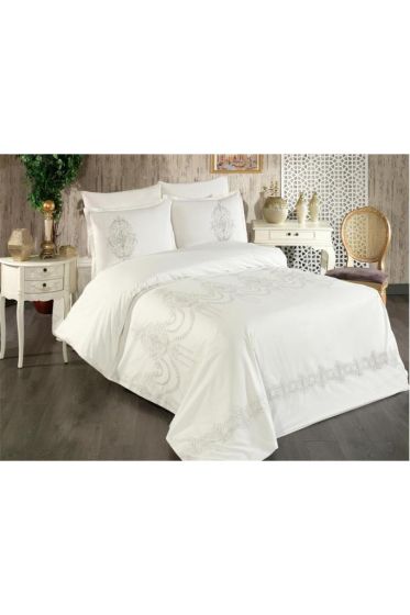 Calina Embroidered 100% Cotton Duvet Cover Set, Duvet Cover 200x220, Sheet 240x260, Double Size, Full Size Gray