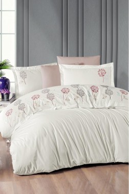 Camelia Embroidered 100% Cotton Duvet Cover Set, Duvet Cover 200x220, Sheet 240x260, Double Size, Full Size Ecru - Thumbnail