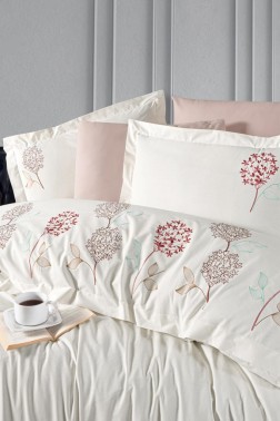 Camelia Embroidered 100% Cotton Duvet Cover Set, Duvet Cover 200x220, Sheet 240x260, Double Size, Full Size Ecru - Thumbnail