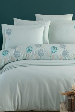 Camelia Embroidered 100% Cotton Duvet Cover Set, Duvet Cover 200x220, Sheet 240x260, Double Size, Full Size Green - Thumbnail