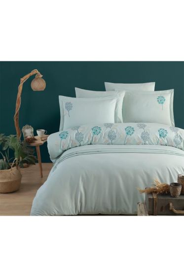 Camelia Embroidered 100% Cotton Duvet Cover Set, Duvet Cover 200x220, Sheet 240x260, Double Size, Full Size Green