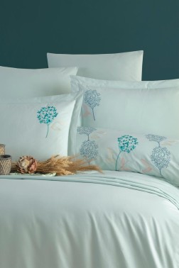 Camelia Embroidered 100% Cotton Duvet Cover Set, Duvet Cover 200x220, Sheet 240x260, Double Size, Full Size Green - Thumbnail