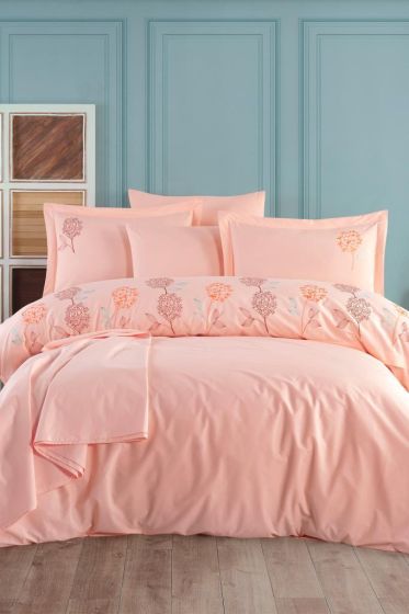 Camelia Embroidered 100% Cotton Duvet Cover Set, Duvet Cover 200x220, Sheet 240x260, Double Size, Full Size Salmon
