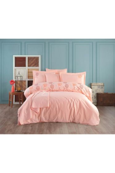 Camelia Embroidered 100% Cotton Duvet Cover Set, Duvet Cover 200x220, Sheet 240x260, Double Size, Full Size Salmon