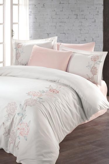 Camelia Embroidered 100% Cotton Sateen, Duvet Cover Set, Duvet Cover 200x220, Sheet 240x260, Double Size, Full Size Ecru