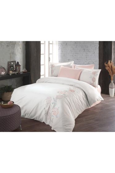 Camelia Embroidered 100% Cotton Sateen, Duvet Cover Set, Duvet Cover 200x220, Sheet 240x260, Double Size, Full Size Ecru