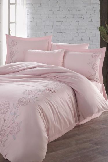 Camelia Embroidered 100% Cotton Sateen, Duvet Cover Set, Duvet Cover 200x220, Sheet 240x260, Double Size, Full Size Pink