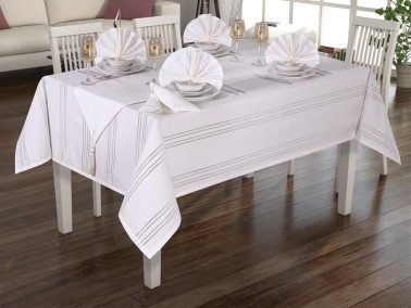 Çeyiz Diyarı - Carinna Dinner Set 26pcs, Table Cloth Rectangle 160x220, Runner 140x35, Napkins 35x35, %100 Polyester White Çeyiz Diyarı - Carinna Dinner Set 26pcs, Table Cloth Rectangle 160x220, Runner 140x35, Napkins 35x35, %100 Polyester White