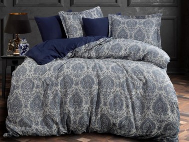 Carolina Jacquard Cotton Satin Double Duvet Cover Set Navy Blue - Thumbnail