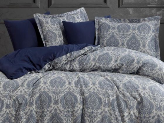 Carolina Jacquard Cotton Satin Double Duvet Cover Set Navy Blue