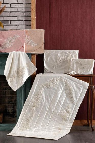 Cemre Velvet Maras Prayer Rug Set 6pcs, Rug 70x115 cm,Towel, Bundle, Cream
