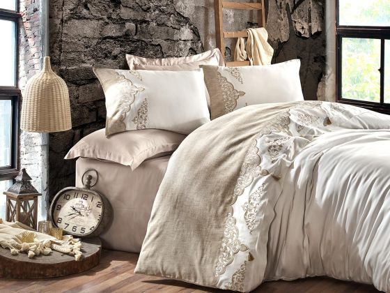  Ceren Embroidery Tasseled Cotton Satin Double Duvet Cover Set Cream