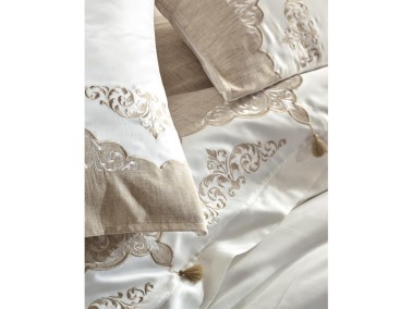  Ceren Embroidery Tasseled Cotton Satin Double Duvet Cover Set Cream - Thumbnail