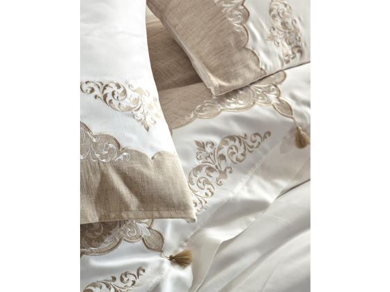  Ceren Embroidery Tasseled Cotton Satin Double Duvet Cover Set Cream