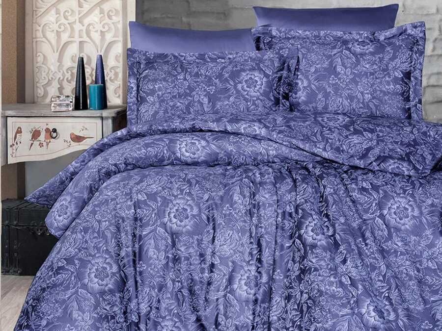 Dowry World Advina Cotton Satin Double Duvet Cover Set Indigo