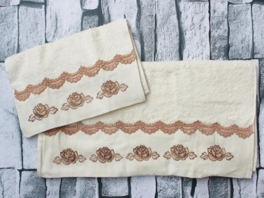 Dowry World Allaire Embroidered 2 Pcs Towel Set - White Brown - Thumbnail