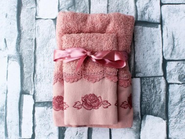 Dowry World Allaire Embroidered 2 Pcs Towel Set Dried Rose - Thumbnail