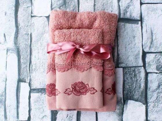 Dowry World Allaire Embroidered 2 Pcs Towel Set Dried Rose