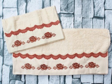 Dowry World Allaire Embroidered 2 Pcs Towel Set - Salmon - Thumbnail