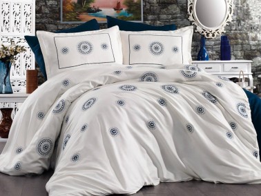 Dowry World Ayla Cotton Satin Embroidered Double Duvet Cover Set - Thumbnail