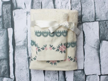 Dowry World Benita Embroidered 2 Pcs Towel Set White Turquoise - Thumbnail