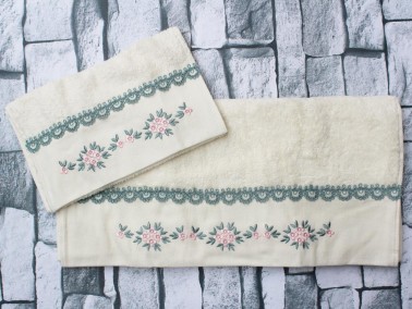 Dowry World Benita Embroidered 2 Pcs Towel Set White Turquoise - Thumbnail