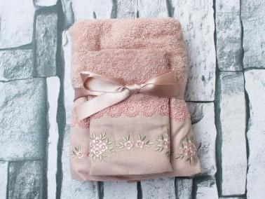 Dowry World Benita Embroidered 2 Pcs Towel Set Powder - Thumbnail